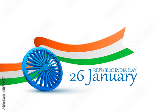 Happy Indian Republic Day celebration. 3D Ashoka Wheel covered by national tricolor ribbon for 26 January.