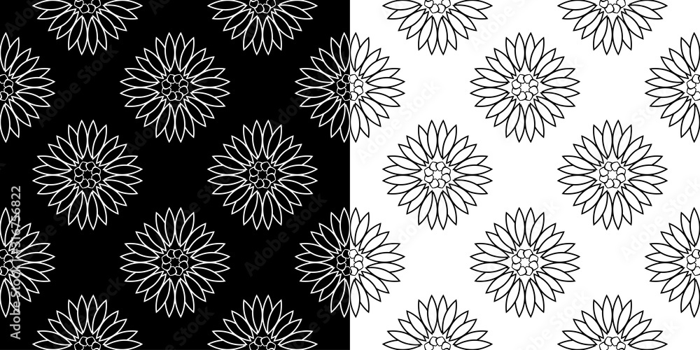Floral seamless patterns. Black and white monochrome design compilation Floral seamless patterns. Black and white monochrome design compilation