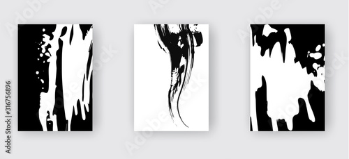 Black abstract design set. Ink paint on brochure, Monochrome element isolated on white.