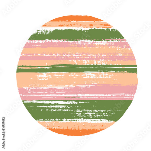 Abrupt circle vector geometric shape with stripes texture of ink horizontal lines. Old paint texture disk. Emblem round shape logotype circle with grunge stripes background.
