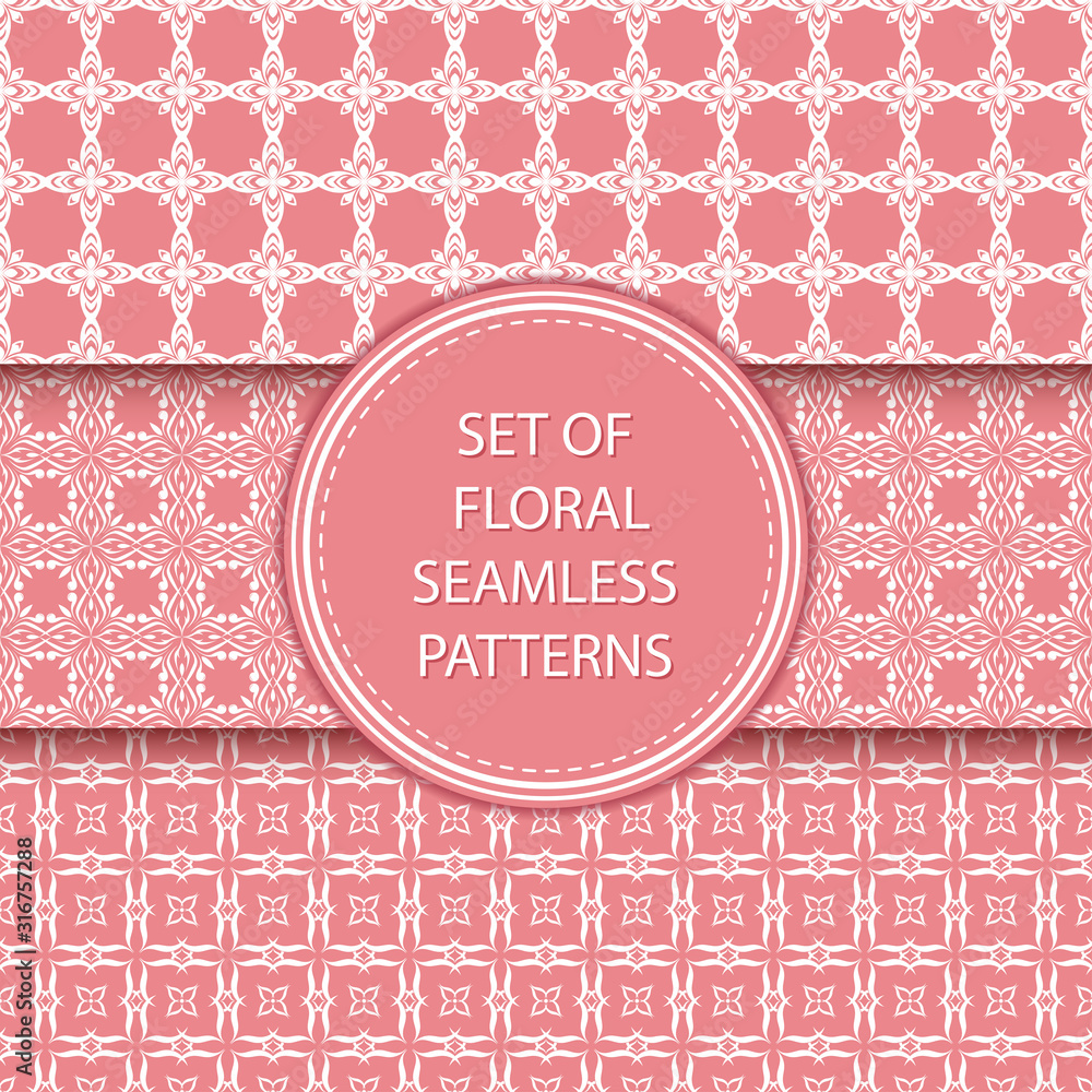 Naklejka premium Pink and white floral seamless patterns. Compilation of designs with flowers