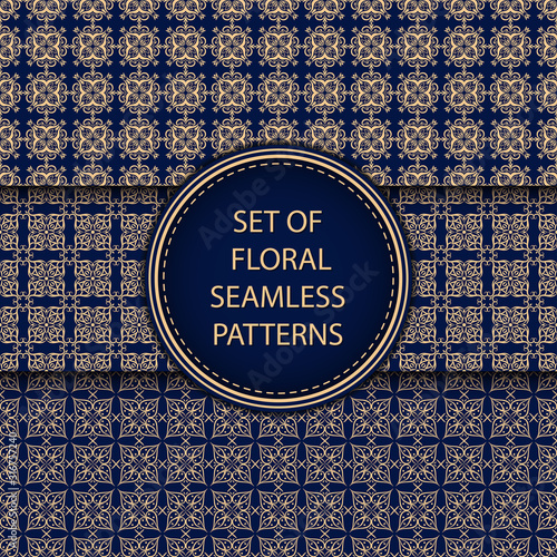 Golden blue floral seamless backgrounds. Compilation of patterns