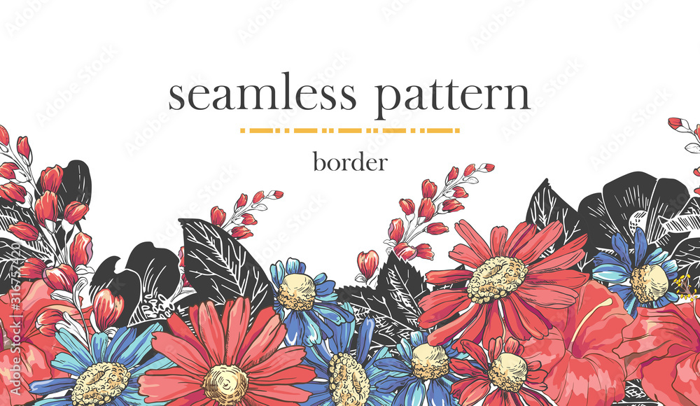 Fototapeta Seamless border pattern with sketch colorful blossoms. Seamless stripe with hand drawn chamomile bluebells and rose