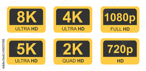 Golden 8K, 4K, 5k Ultra HD Video Resolution Icon Logo; High Definition TV / Game Screen monitor display Label photo