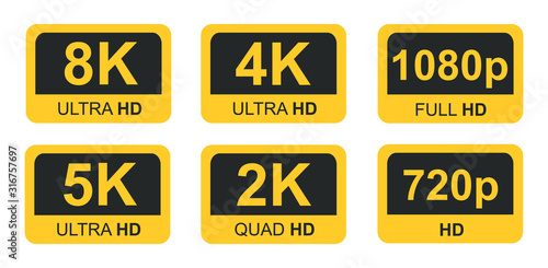 Golden 8K, 4K, 5k Ultra HD Video Resolution Icon Logo; High Definition TV / Game Screen monitor display Label