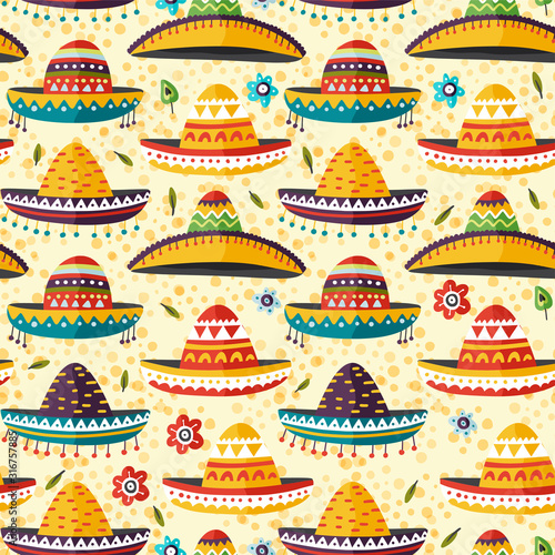 Sombrero hat Mexican vector background. Cartoon flat seamless pattern. Cinco de mayo fiesta symbol.
