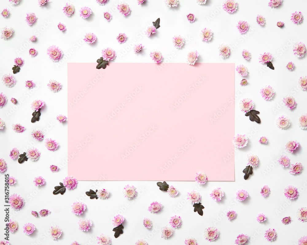 Flowers frame with light pink square for greeting.