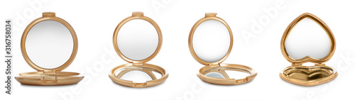 Set of different compact mirrors on white background