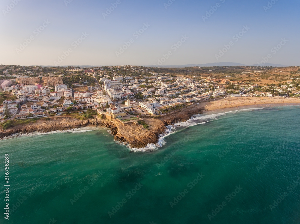 Aerial. Portuguese village in the south Luz, Lagos region. Algarve, Portugal