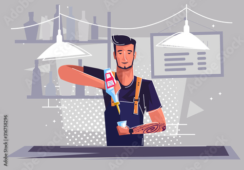 Vector illustration of a male bartender pouring a cocktail, a man serving at the bar