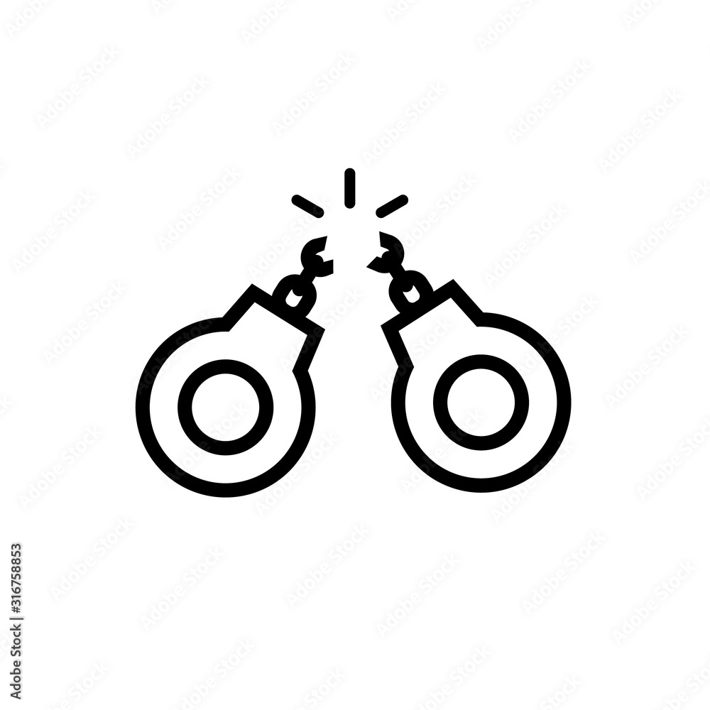 Broken handcuffs outline icon. Clipart image isolated on white