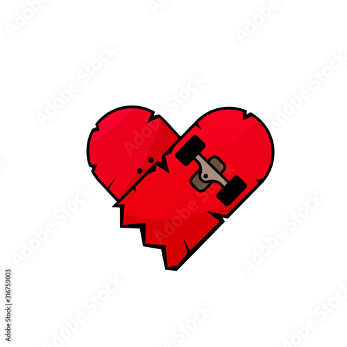 Broken skateboard heart icon. Clipart image isolated on white background