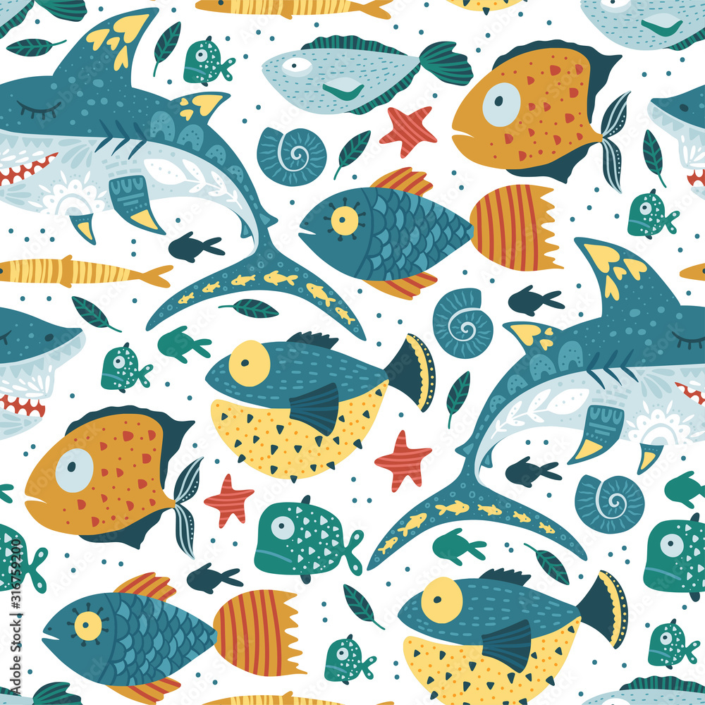 Obraz premium Seamless vector pattern with cute cartoon funny shark fish in a flat scandinavian style. Kid underwater fabric graphic illustration on a white background. Baby shark Doo Doo Doo.
