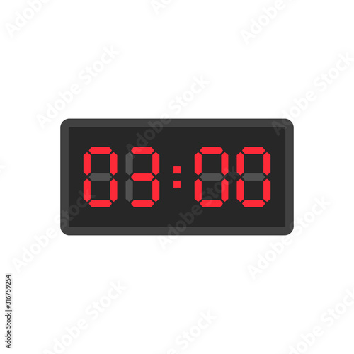 Digital black alarm clock displaying 3:00 o'clock. Clipart image isolated on white background