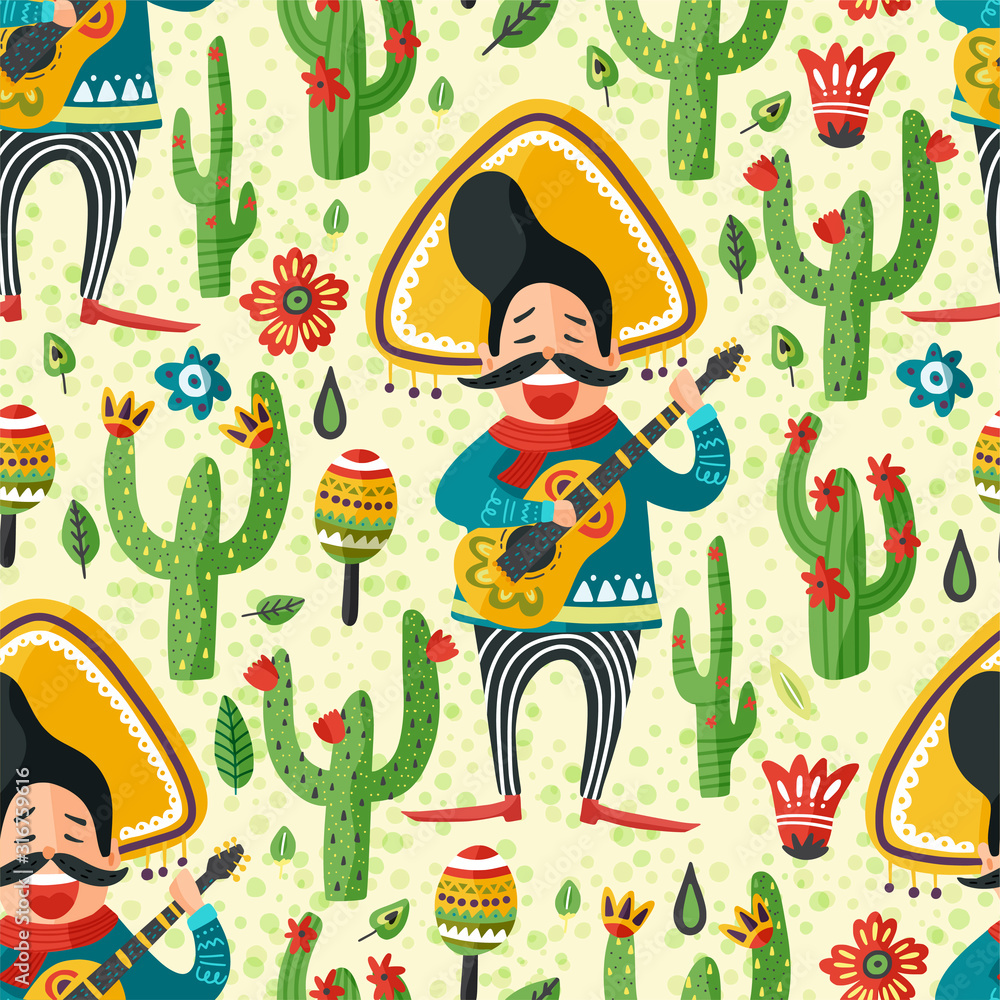 Mexican happy man in sombrero hat with guitar and cactus vector seamless pattern. Traditional Mexico cartoon flat illustration. Cinco de mayo latin party card.