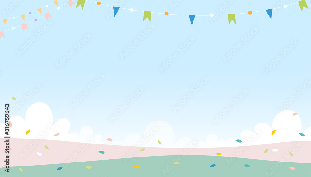 Vector cute cartoon spring background with copysace on green field with leaves falling in pastel colour, Minimal background for Spring or Summer time banner and greeting Card Vector cute cartoon spring background with copysace on green field with leaves falling in pastel colour, Minimal background for Spring or Summer time banner and greeting Card
