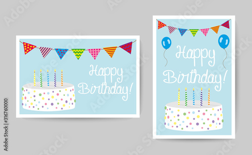 Happy Birthday card with party elements, cake and candles 