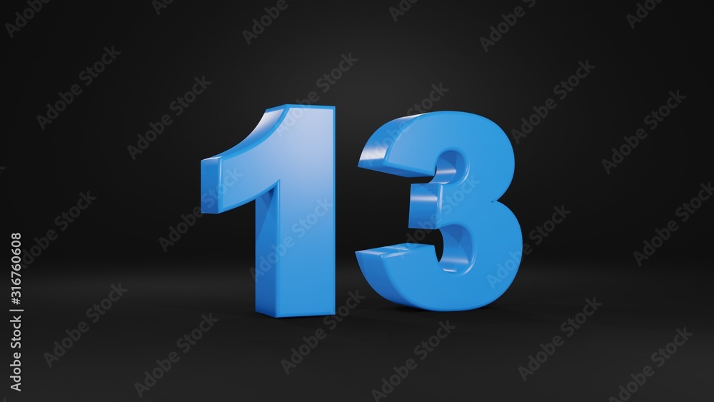 Number 13 in blue on black background, 3D illustration Number 13 in blue on black background, 3D illustration