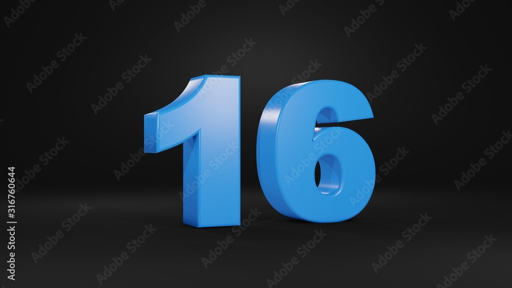 Number 16 in blue on black background, 3D illustration Number 16 in blue on black background, 3D illustration