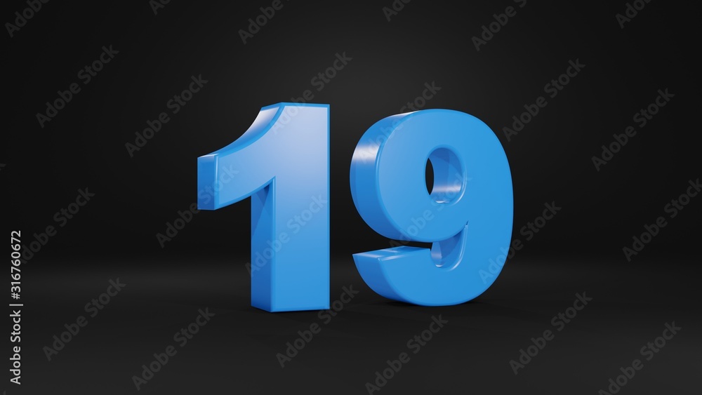 Number 19 in blue on black background, 3D illustration Number 19 in blue on black background, 3D illustration