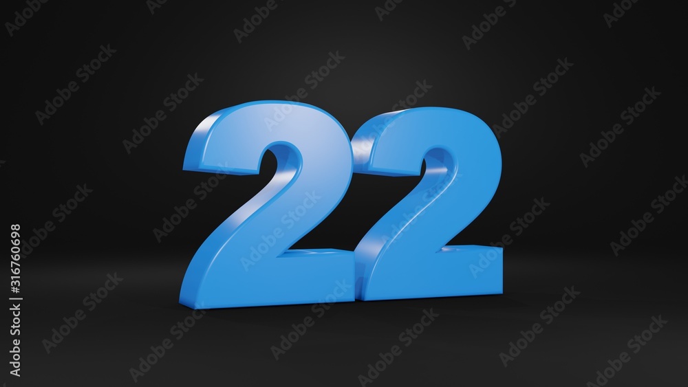 Number 22 in blue on black background, 3D illustration Number 22 in blue on black background, 3D illustration