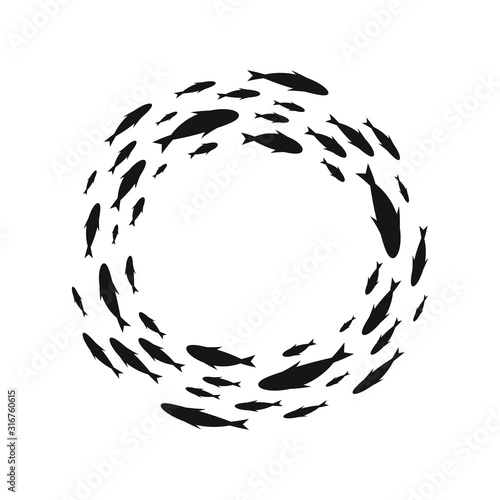 School of fish. A group of silhouette fish swim in a circle. Vector illustration