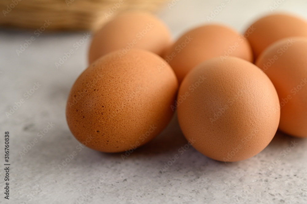 Close up Organic brown eggs several on the floor Close up Organic brown eggs several on the floor