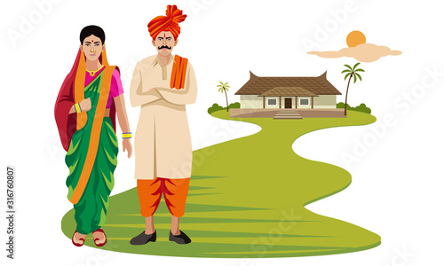 maharashtra man and woman, in traditional dress standing in front of rural home