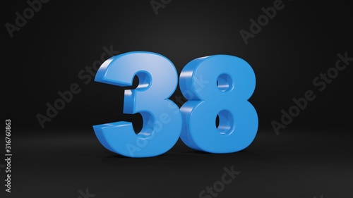 Number 38 in blue on black background, 3D illustration