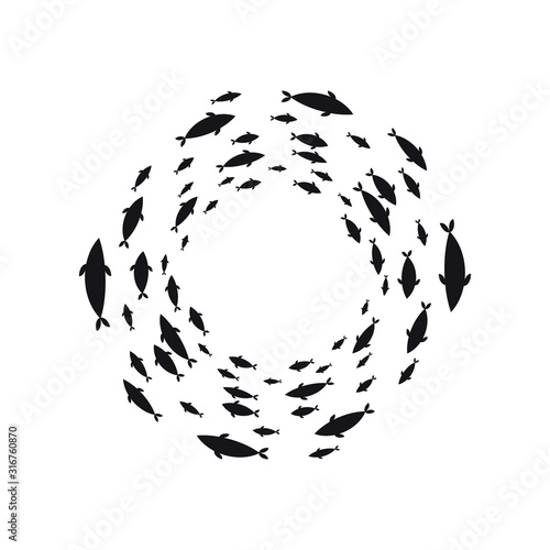School of fish. A group of silhouette fish swim in a circle. Vector illustration