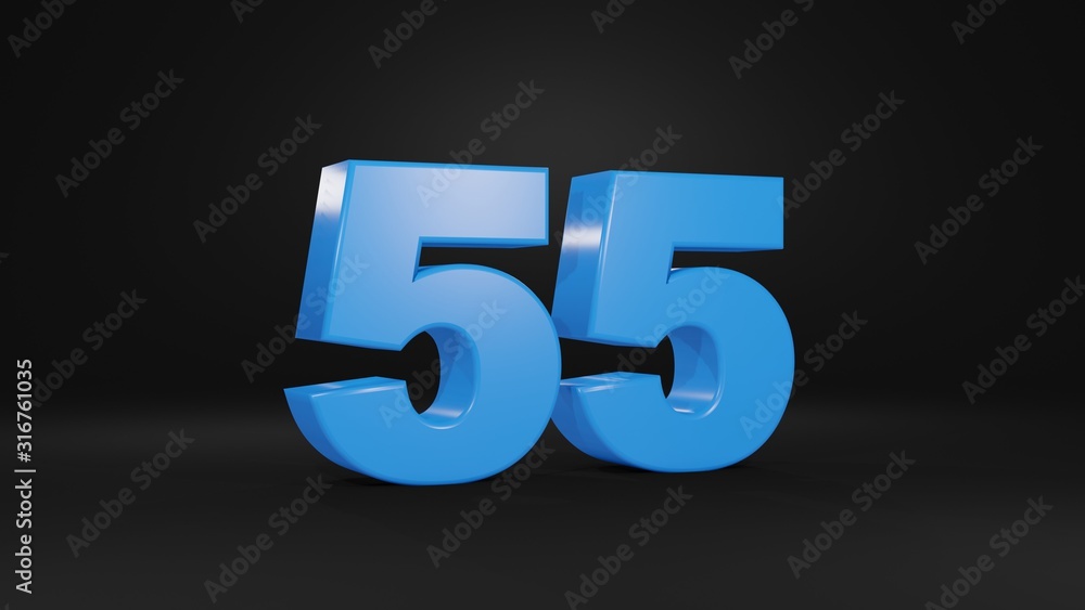 Number 55 in blue on black background, 3D illustration Number 55 in blue on black background, 3D illustration