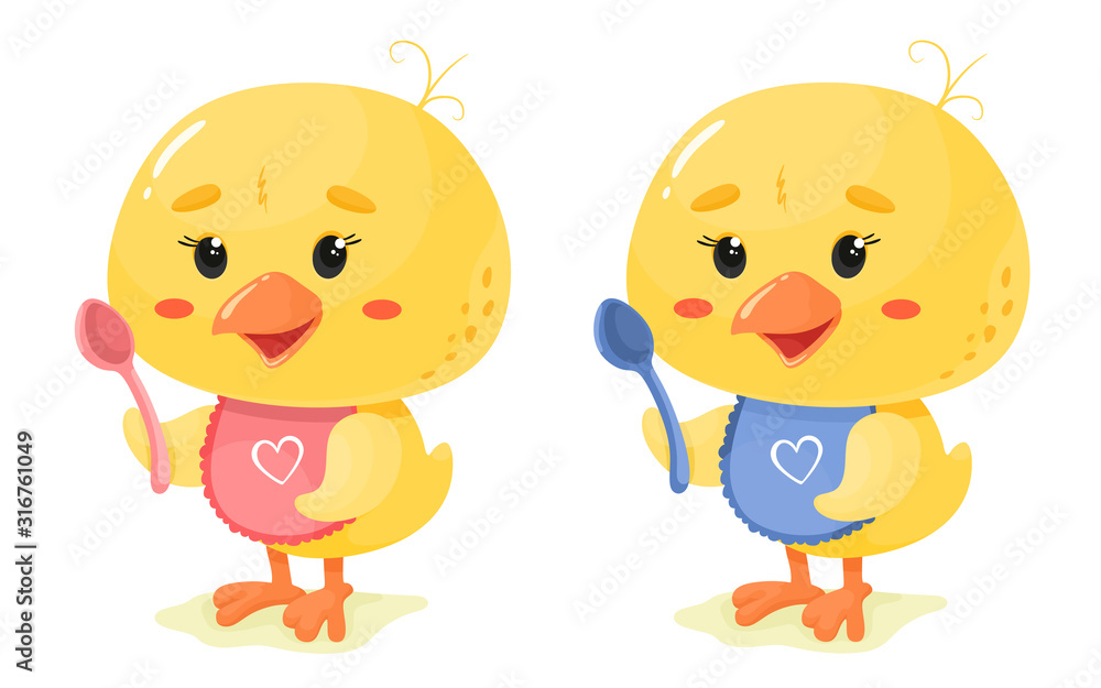 Cute chickens boy and girl with spoons. Vector isolates in cartoon flat style. Great for baby food, clothes.