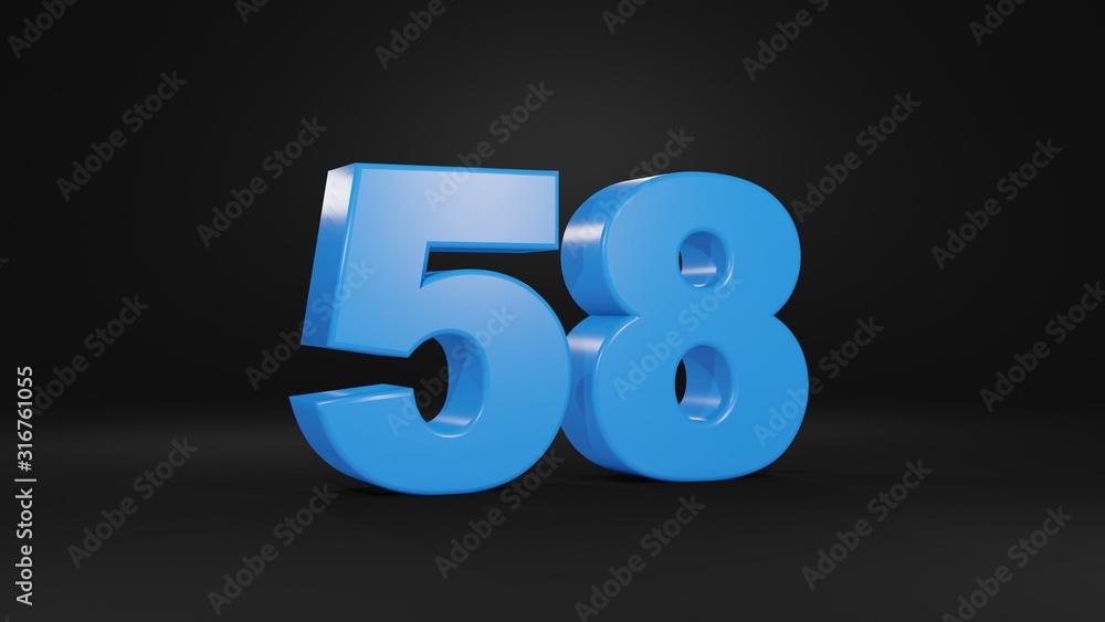 Number 58 in blue on black background, 3D illustration Number 58 in blue on black background, 3D illustration