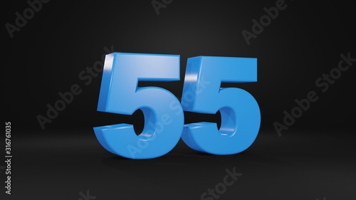 Number 55 in blue on black background, 3D illustration