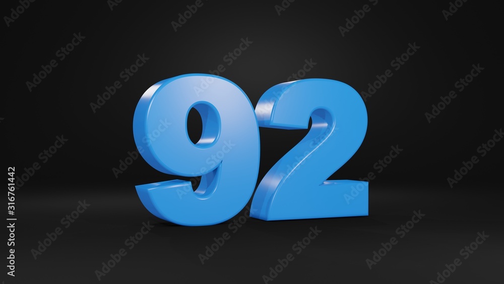Number 92 in blue on black background, 3D illustration Number 92 in blue on black background, 3D illustration