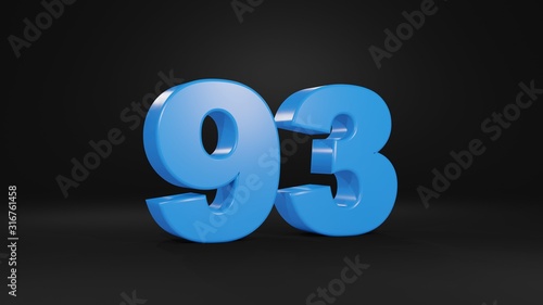 Number 93 in blue on black background, 3D illustration
