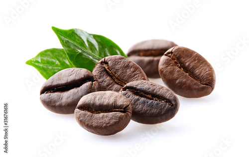 Coffee beans in closeup on white background