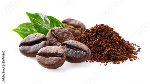 Vászonkép Coffee beans with leaf on white background