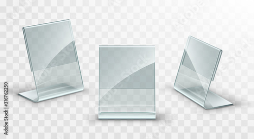 Acrylic table displays set, glass or plastic card holders isolated on transparent background.