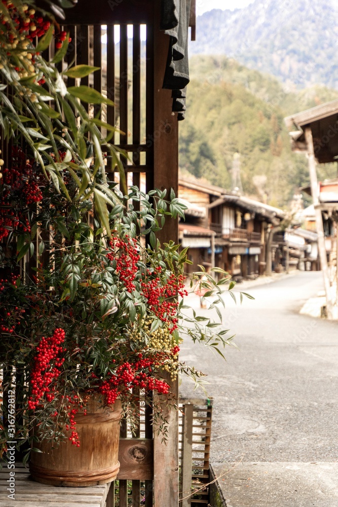 町並みを背景にナンテンの枝／Tsumago-juku is an old town in Nagano Prefecture, Japan.