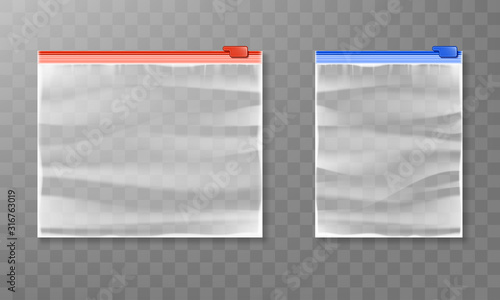 Realistic vector plastic zipper bag mockup isolated on transparent background. Transparent packaging zipper bag.