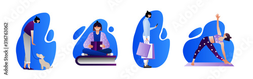 Young women enjoying her hobbies - books reading, yoga, shopping, drinking coffee, walking the dog. Vector illustration with character