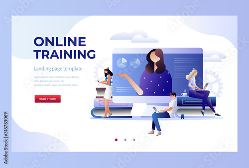 Students e-learning by webinar training and listening to businesswoman with charts on laptop. Landing page