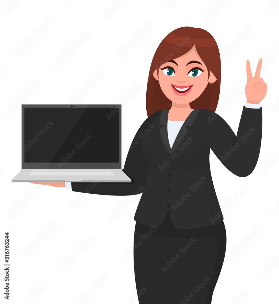 Young businesswoman showing a new brand laptop and making victory, V, peace or two gesture sign. Person holding portable computer. Female character design illustration in vector cartoon style. Young businesswoman showing a new brand laptop and making victory, V, peace or two gesture sign. Person holding portable computer. Female character design illustration in vector cartoon style.