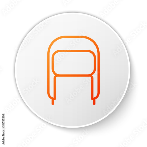 Orange line Winter hat with ear flaps icon isolated on white background. White circle button. Vector Illustration