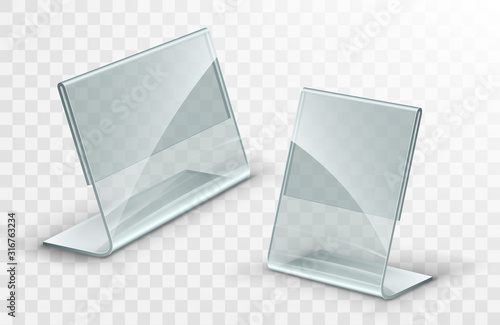 Vector acrylic table tent. Card holder isolated on transparent background. Empty flyer glass display.