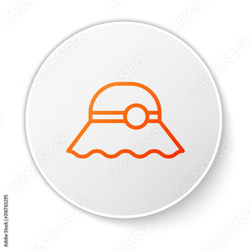 Orange line Elegant women hat icon isolated on white background. White circle button. Vector Illustration