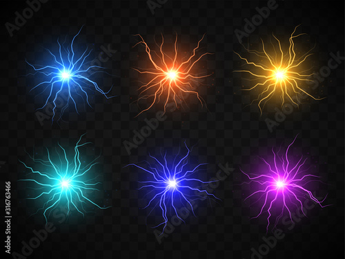 Vector realistic ball lightning. Plasma sphere. Electric discharge.