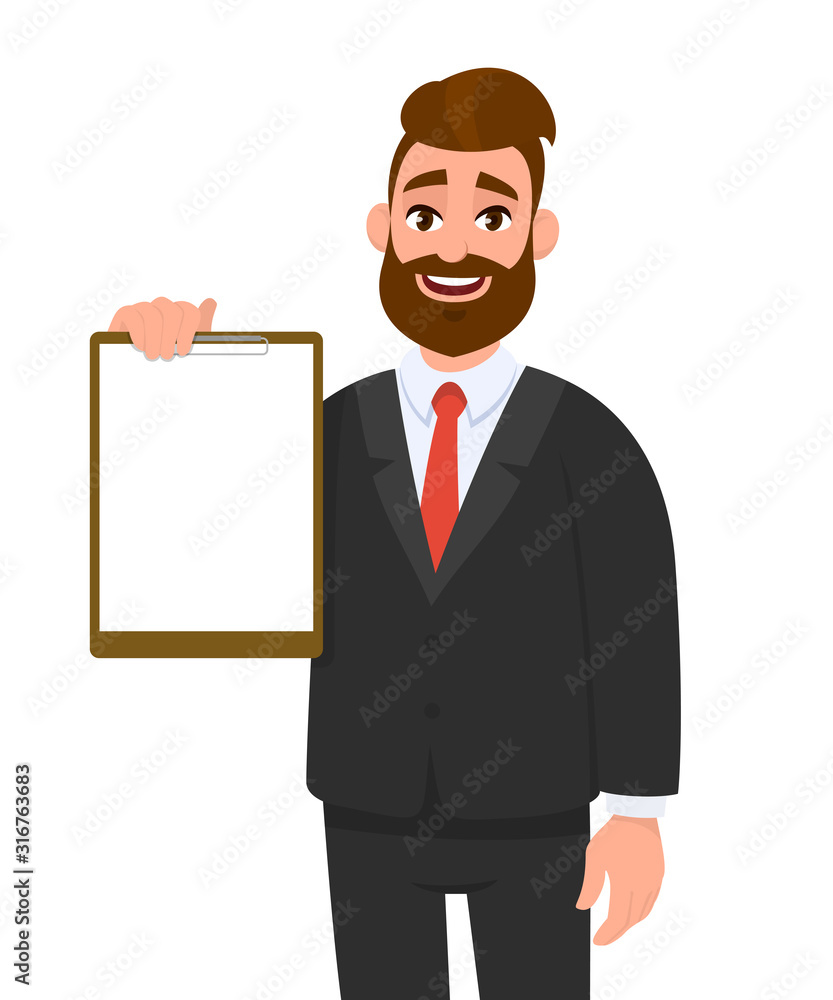 Young businessman showing blank clipboard. Person holding notepad. Male character design illustration. Human emotions, facial expressions & gestures concept in vector cartoon style. Young businessman showing blank clipboard. Person holding notepad. Male character design illustration. Human emotions, facial expressions & gestures concept in vector cartoon style.