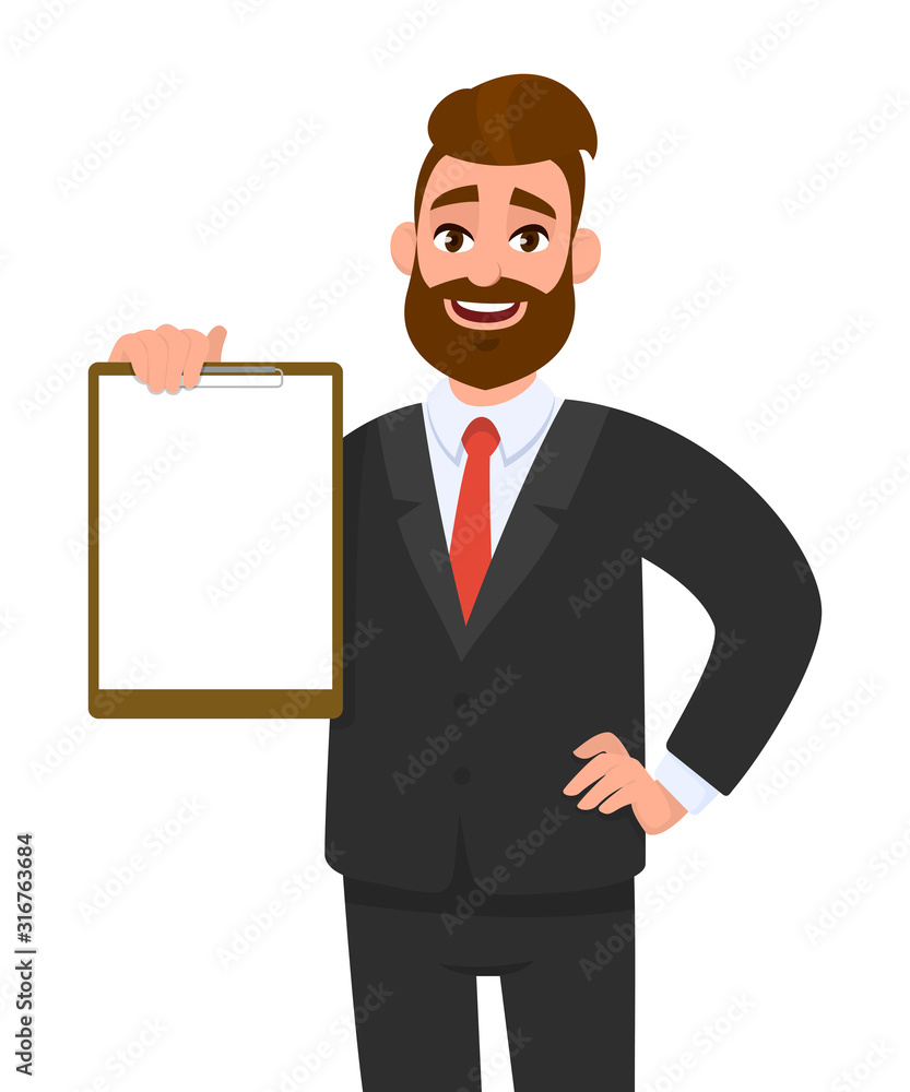 Young businessman showing blank clipboard. Person holding notepad. Male character design illustration. Human emotions, facial expressions & gestures concept in vector cartoon style. Young businessman showing blank clipboard. Person holding notepad. Male character design illustration. Human emotions, facial expressions & gestures concept in vector cartoon style.